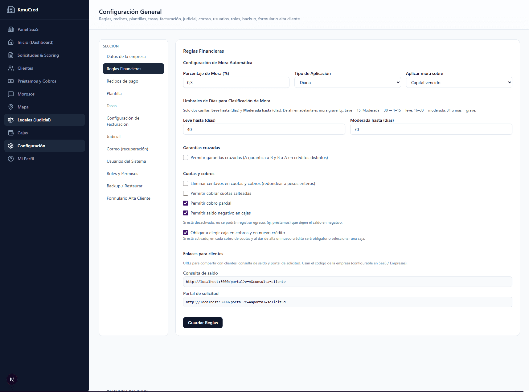 Configuración: reglas financieras, mora automática y umbrales